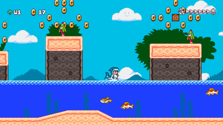 Kitsune Tails - A Kitsune in a shark costume runs on top of the water over some fish.