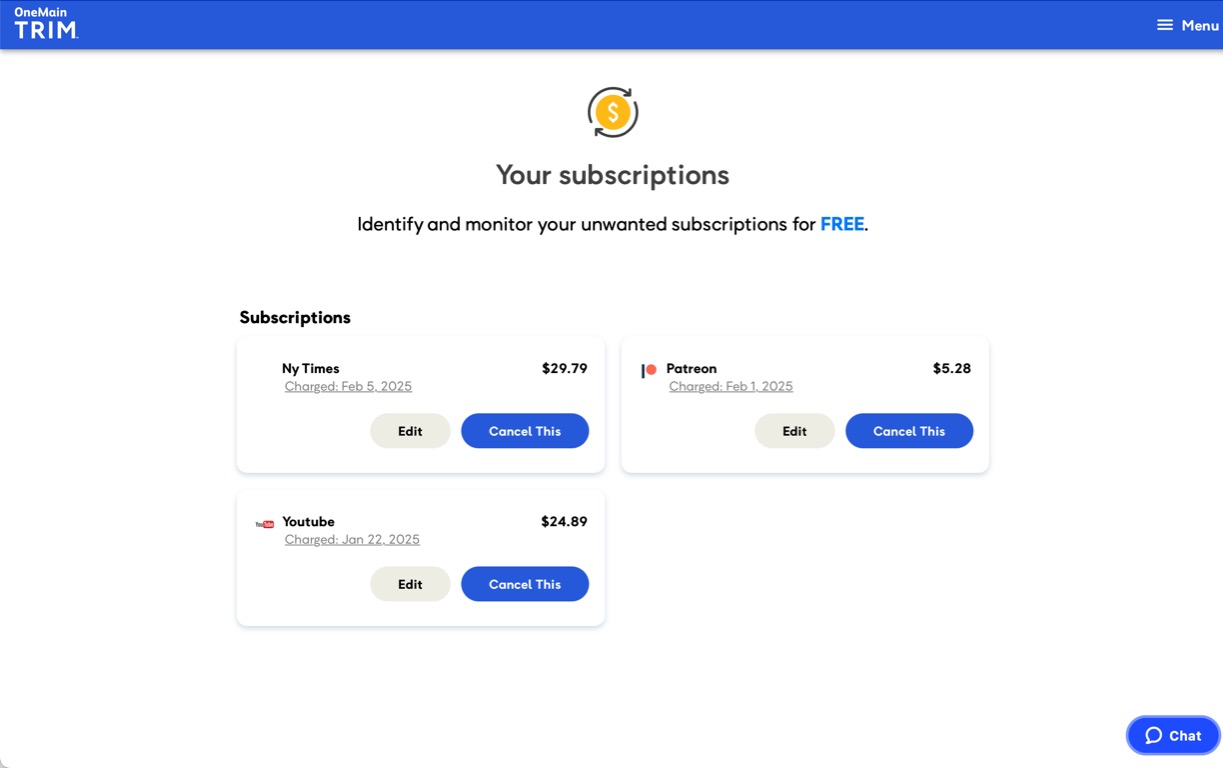 A webpage of an app that helps users identify and manage subscriptions by providing a dashboard to track charges and cancel unwanted services. The page header displays “Your subscriptions” with a tagline encouraging users to monitor them for free. Three active subscriptions—New York Times ($29.79), Patreon ($5.28), and YouTube ($24.89)—are listed, each with a charge date and two action buttons: “Edit” (gray) and “Cancel This” (blue).