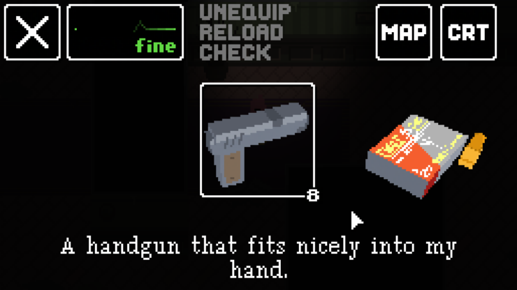 Midnight Mansion - An inventory screen showing a handgun, a box of bullets, and a health meter showing the player is fine.