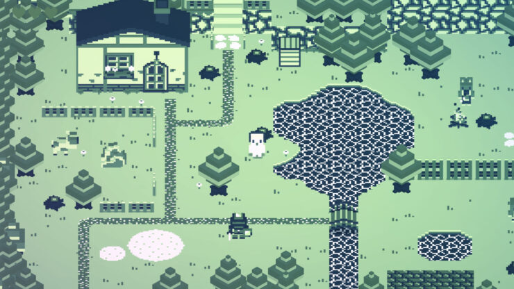 cassette boy - a person stands in the middle of a 2d area filled with trees, water, and a house.