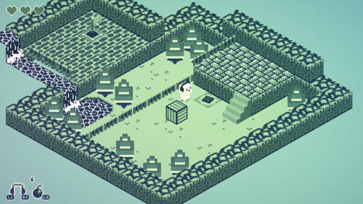cassette boy - A human stands in the middle of a 3d fiedl with some houses and water nearby.