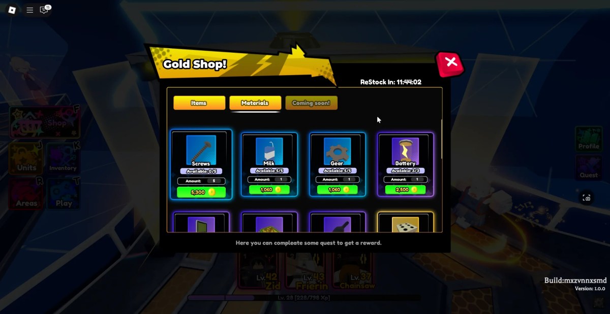 Preview of the Gold Shop stock that contains materials needed to craft evolution items for certain units in the Anime Saga Roblox experience.