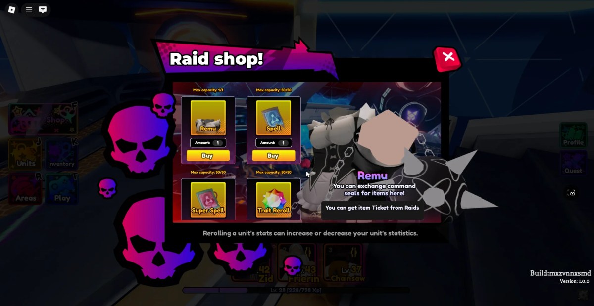 Preview of the Raid Shop stock in the Anime Saga Roblox experience.