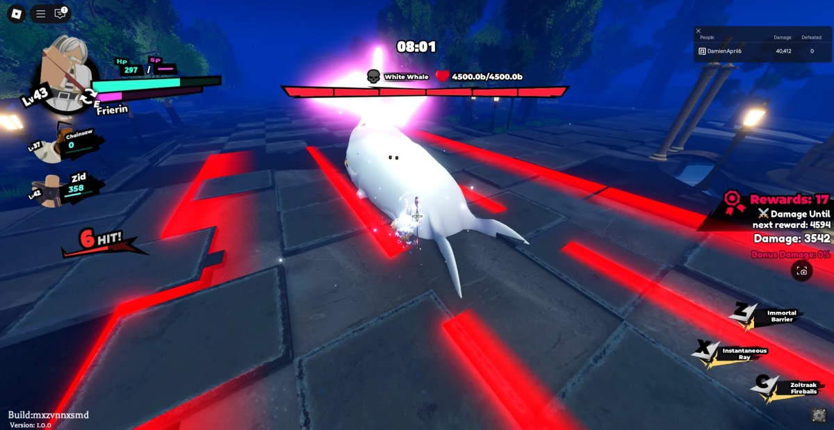 A player fighting the White Wale Raid boss in the Anime Saga Roblox experience.
