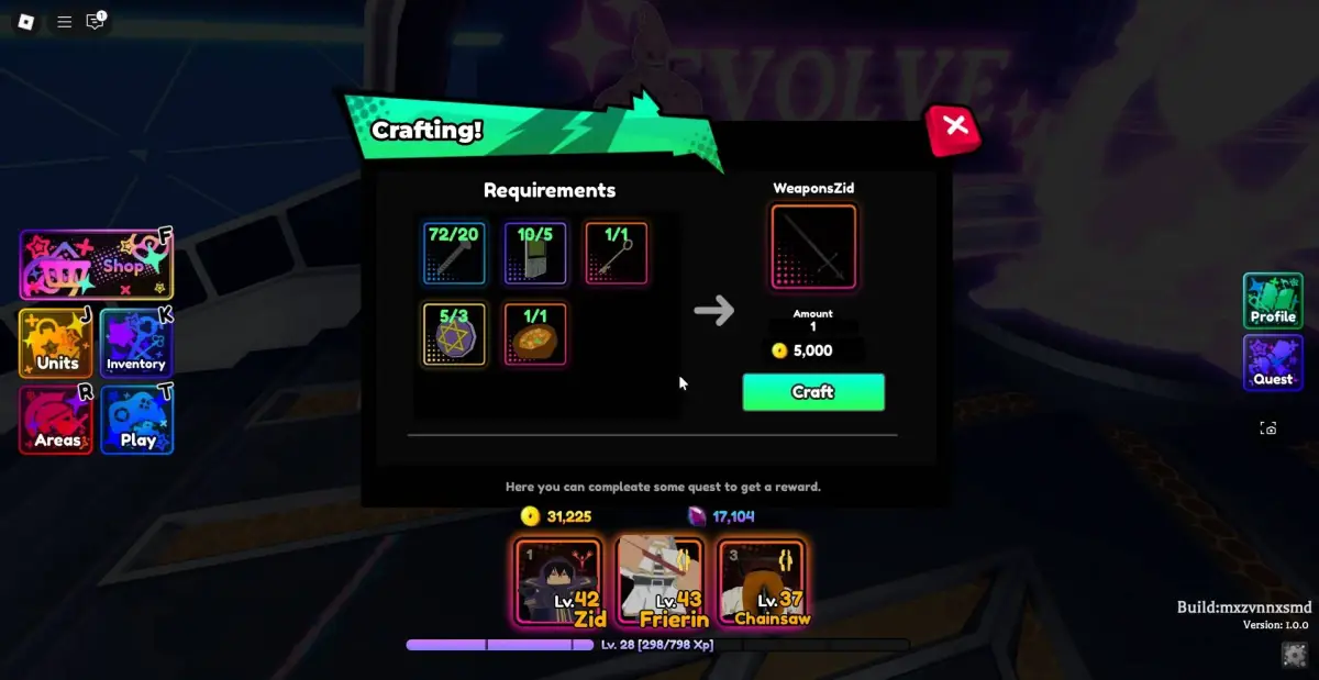 Preview of the Craft menu in the Anime Saga Roblox experience.