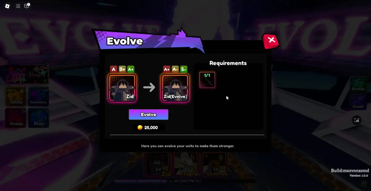 Preview of the Evolve units menu in the Anime Saga Roblox experience.