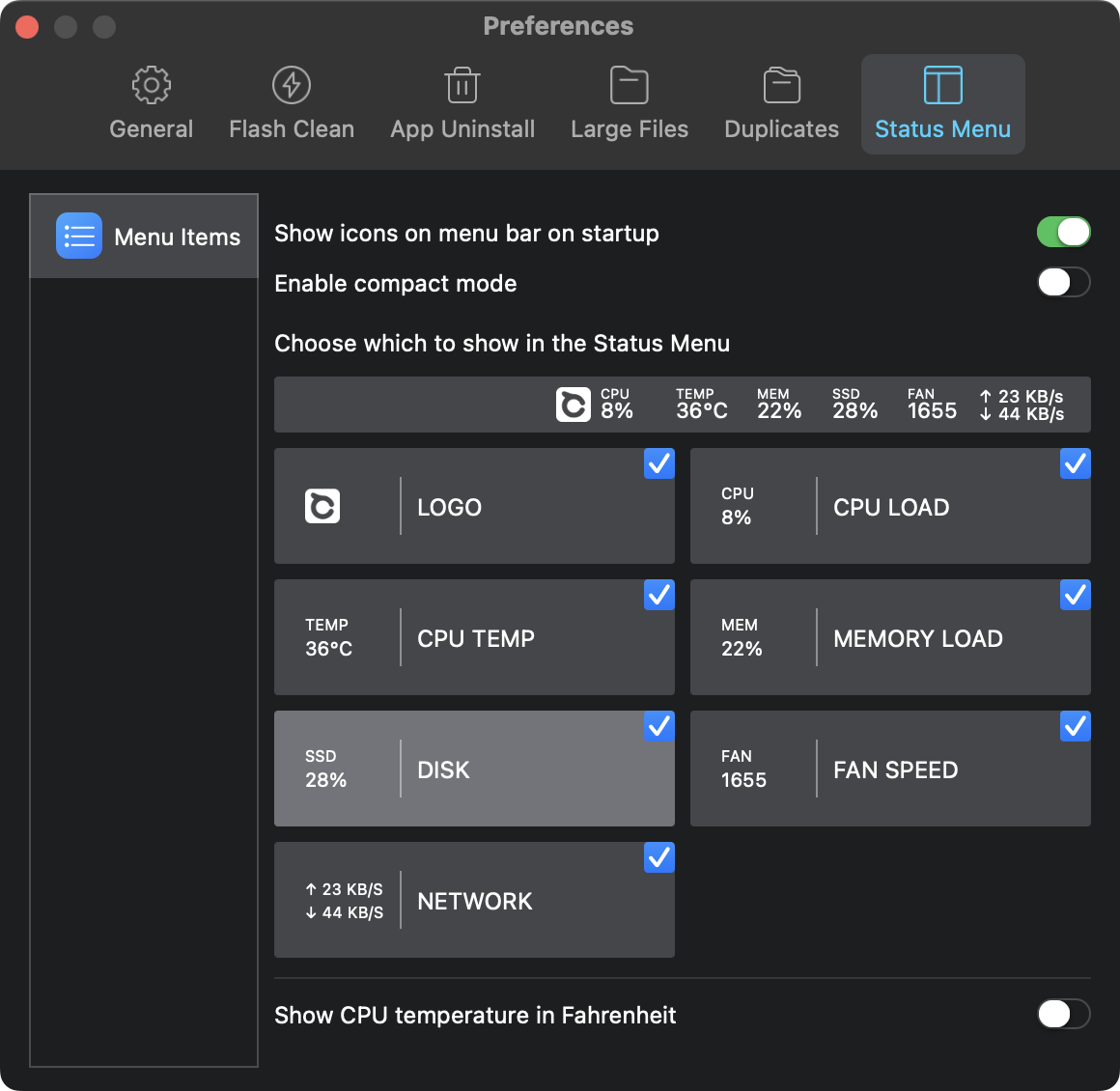 BuhoCleaner menu items Screenshot showing BuhoCleaner in Preferences on Mac