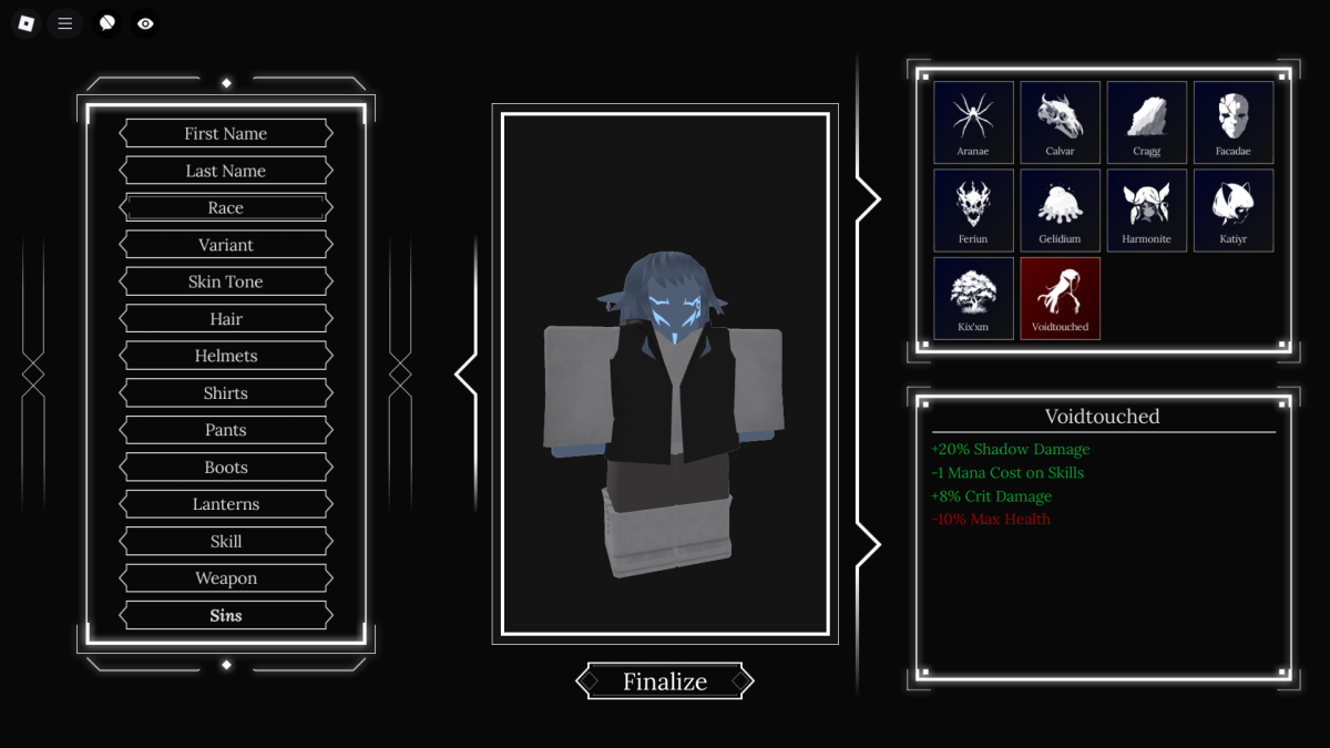 Preview of the Character creation menu in Absolvement Roblox experience where one can change their race.