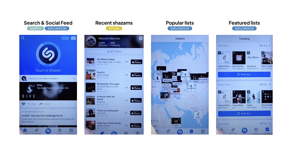 Shazam’s main screen architecture. Screenshots from recording by Adam Lambert, 2015.