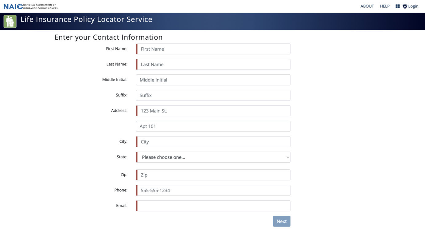 Form titled “Life Insurance Policy Locator Service” requesting personal contact details including name, address, phone, and email. Required fields are marked with red highlights.