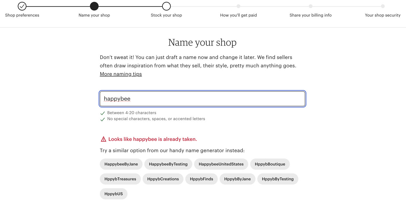 Shop naming screen with