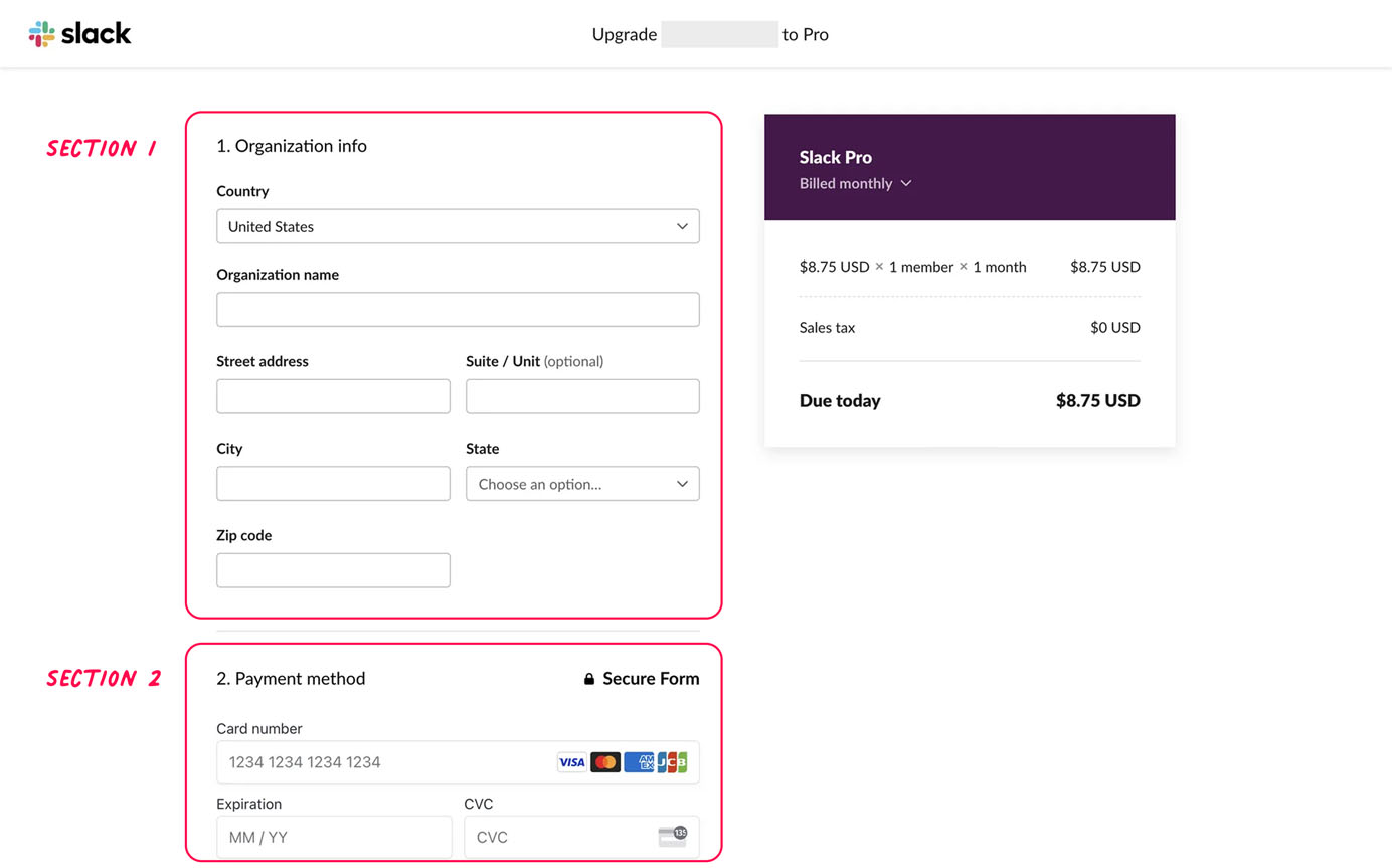 Slack upgrade payment form with two sections: Section 1 for organization and address details, and Section 2 for entering credit card payment information.