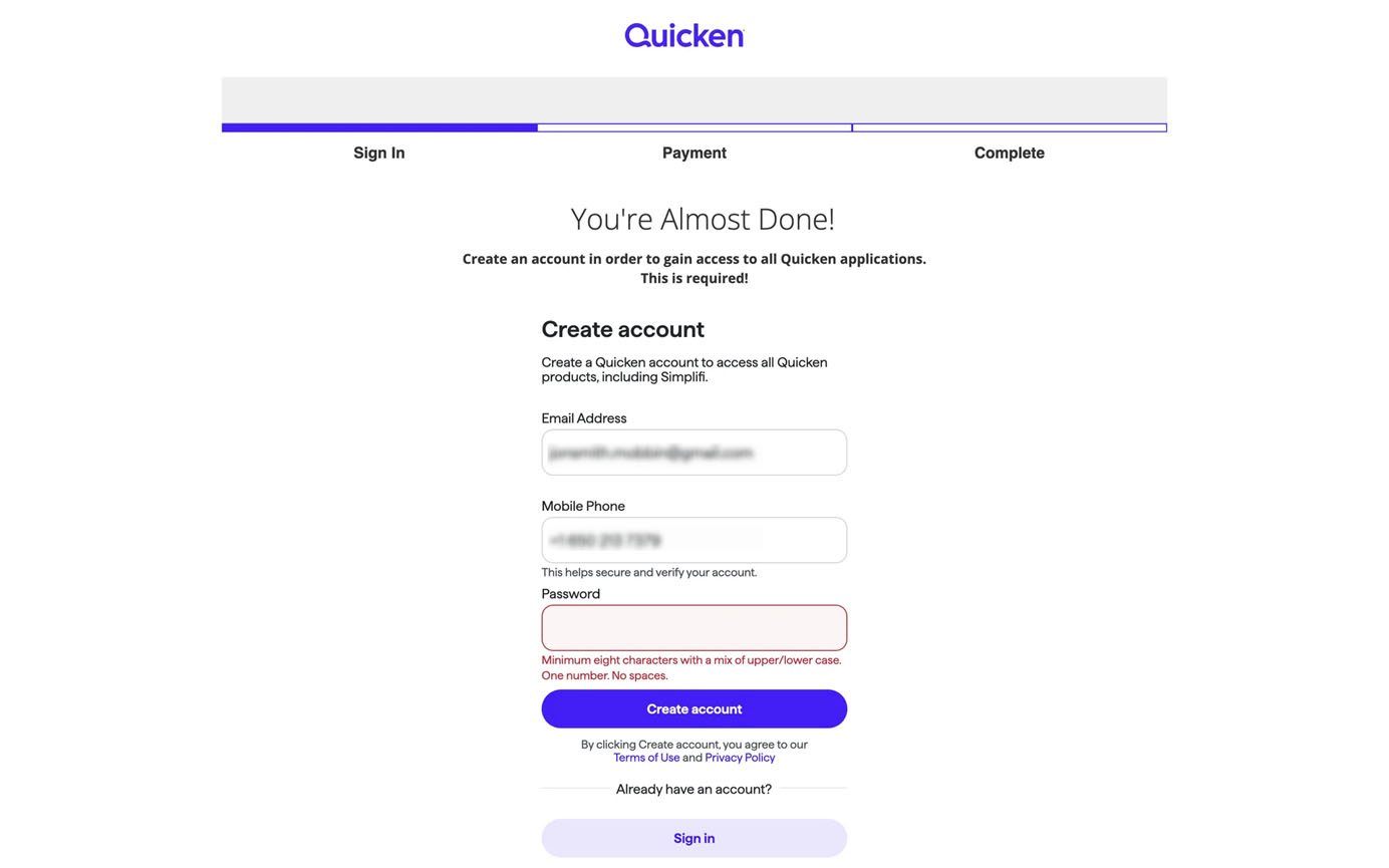 Quicken account creation form with email, mobile, and password fields. Progress bar shows step two of three. Password field displays error for not meeting criteria.