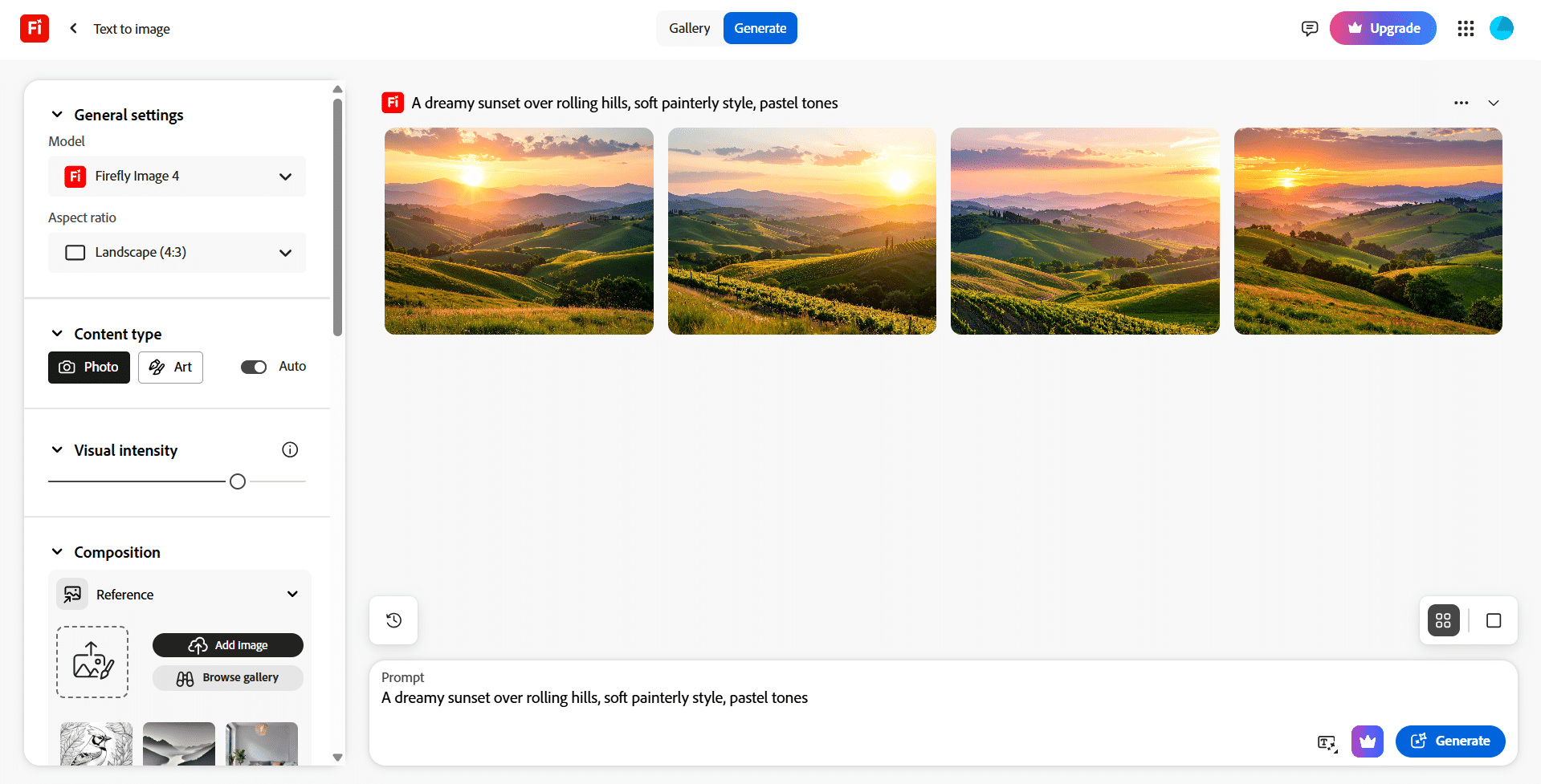 Adobe Firefly Text to Image prompt bar with sample prompt results