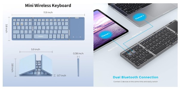 Diagram illustrating the dimensions and features of a mini wireless keyboard, showcasing dual Bluetooth connectivity and its compact design.