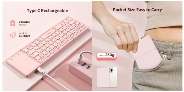 A pink folding Bluetooth keyboard with a touchpad, displayed alongside its USB-C charging cable, emphasizing its compact size and ease of portability.
