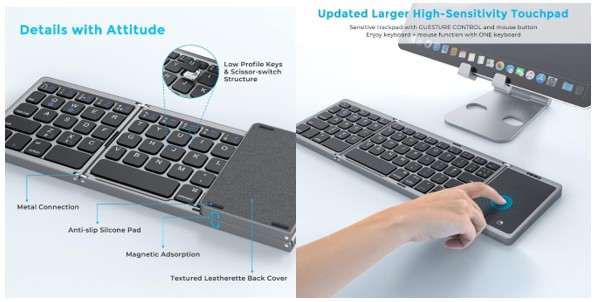 Image showing two views of the Seenda Folding Bluetooth Keyboard with Touchpad, highlighting its low profile keys, scissor-switch structure, anti-slip silicone pad, and textured leatherette back cover.