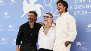 Oscar Isaac, Guillermo del Toro and Jacob Elordi attend the 'Frankenstein' photocall during the 82nd Venice International Film Festival on August 30, 2025 in Venice, Italy.
