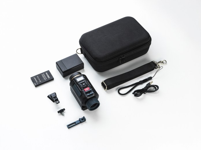 The AKASO Sight-300 digital monocular with accessories including a battery, charger, storage case, and straps, arranged on a white background.