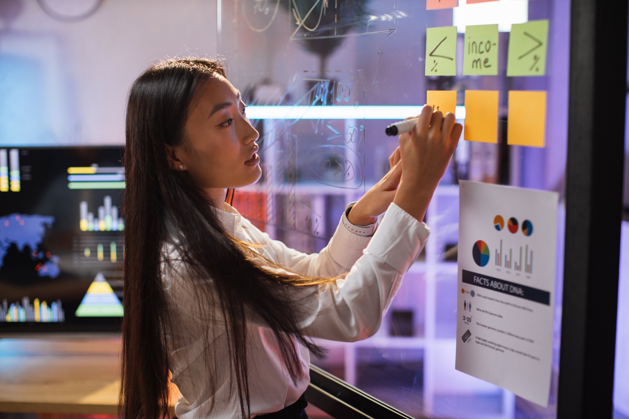 Asian woman writing on board with stickers during meeting