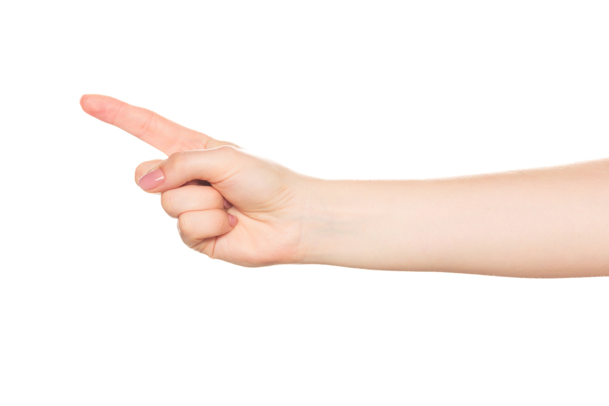 Gesture of a hand pointing forward indicating direction or emphasis in a clear and focused manner