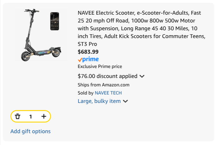 Image of the Navee ST3 Pro electric scooter with a display showing its specifications and price on Amazon.