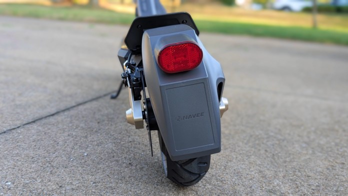 Rear view of the Navee ST3 Pro electric scooter showcasing the taillight and the rear fender with the brand logo.