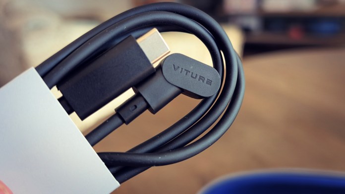 A close-up view of a VITURE branded cable, showcasing its USB connection and sleek black design.