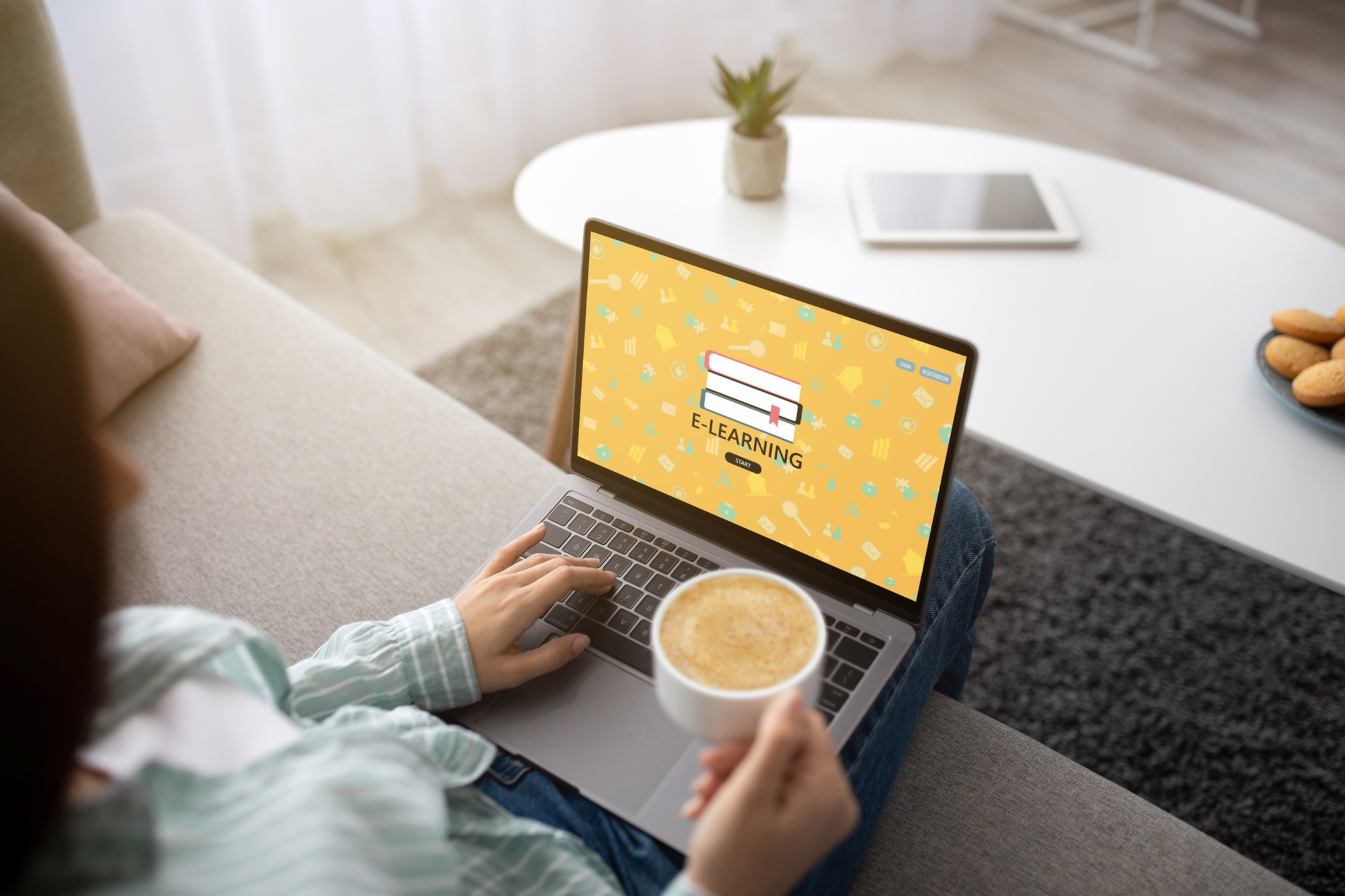 Woman Browsing Educational Program On Computer While Study With Laptop At Home