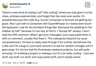 Screenshot of Andrej Karpathy's tweet defining Vibe Coding.