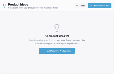 Screenshot of the app’s blank Product Ideas page.