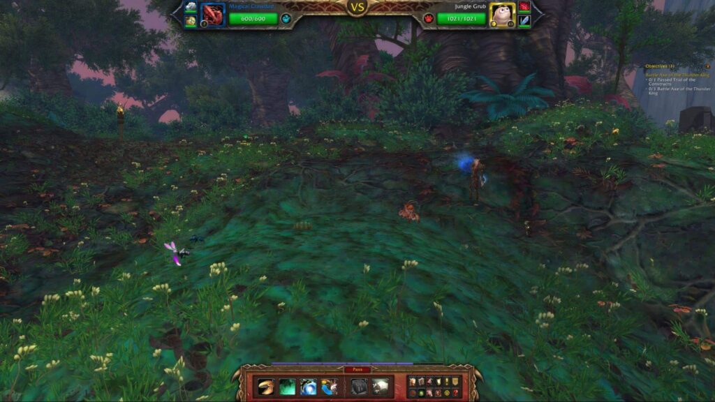 WoW MoP Classic pet battle interface with Magical Crawdad vs Jungle Grub
