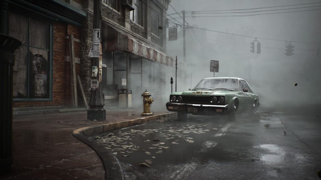 A foggy, deserted street with a vintage green car parked beside a sidewalk. The scene is eerie and atmospheric, with muted tones and scattered debris