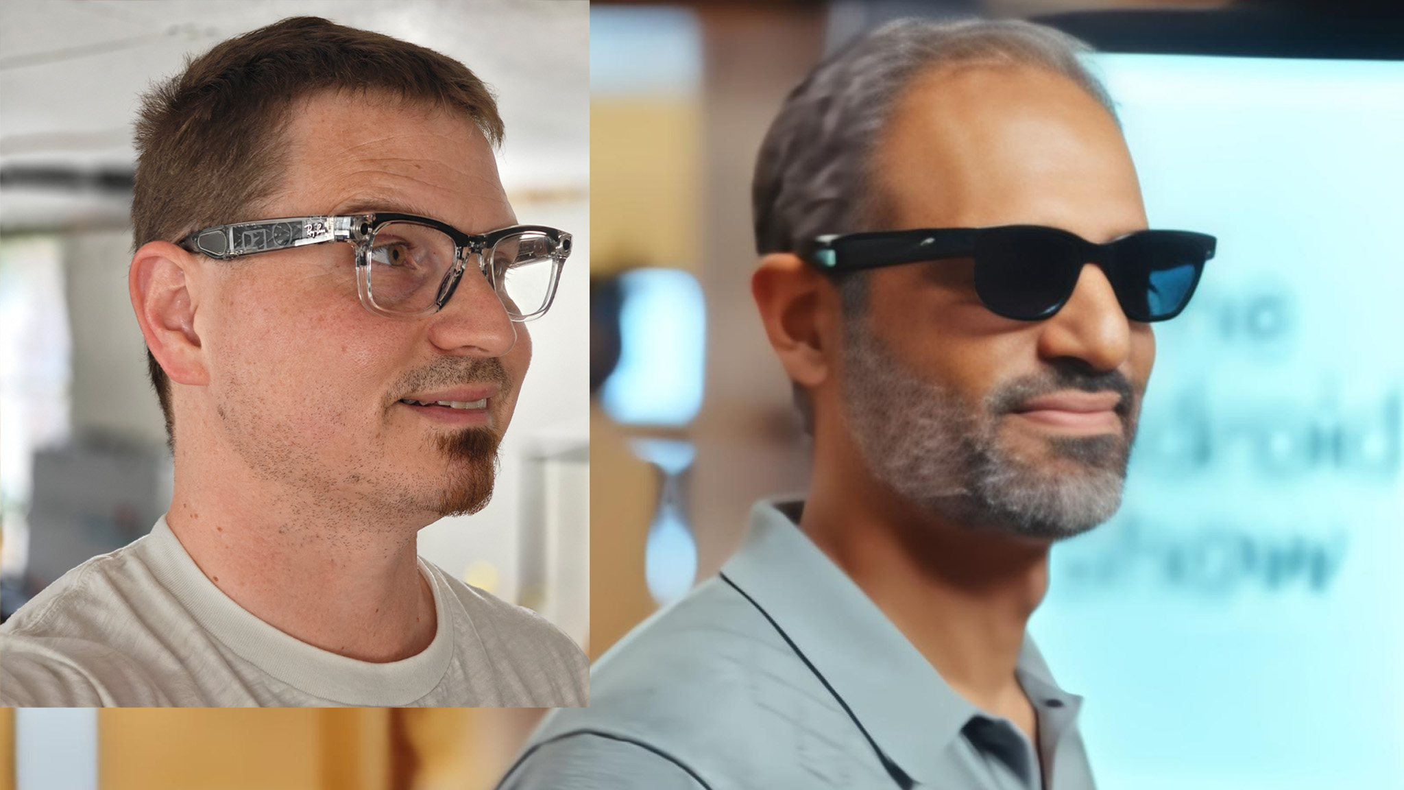 Android president Sameer Samat wearing Google's upcoming smart glasses with a picture of Android Central's Nick Sutrich wearing Ray-Ban Meta Smart Glasses
