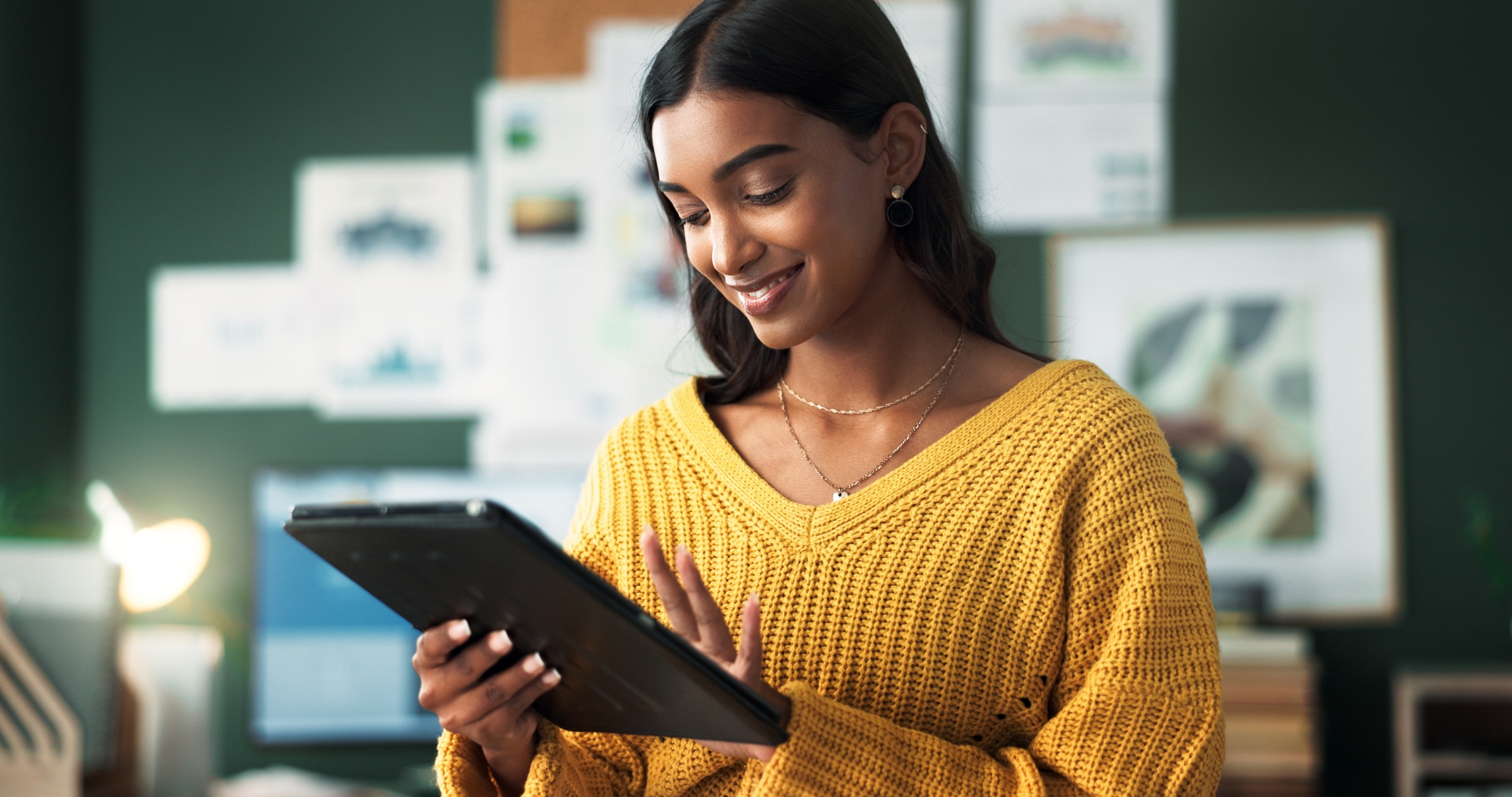 Happy woman, remote work and typing on tablet for contact, research and positive feedback. Female f