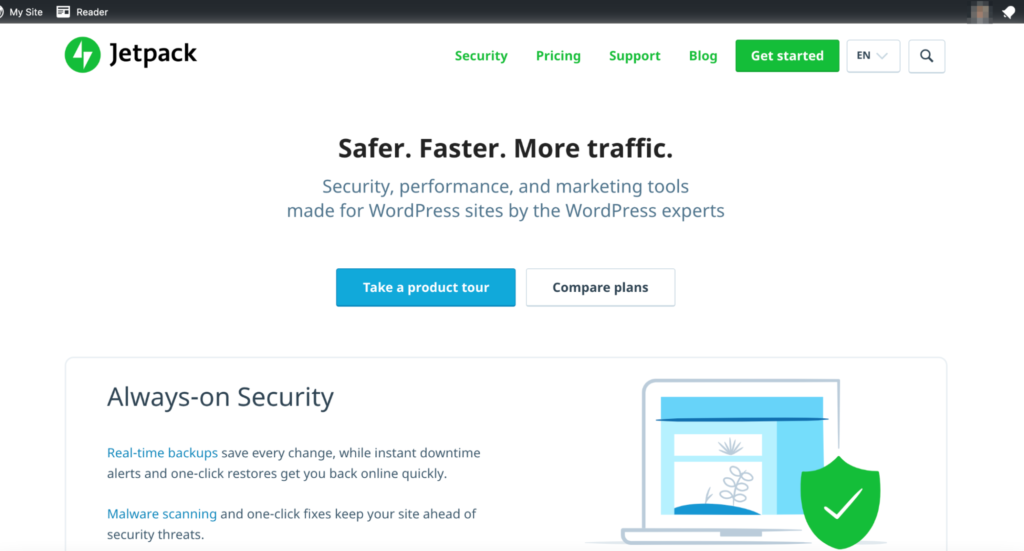 Jetpack WordPress website backup and malware scanning solution homepage.