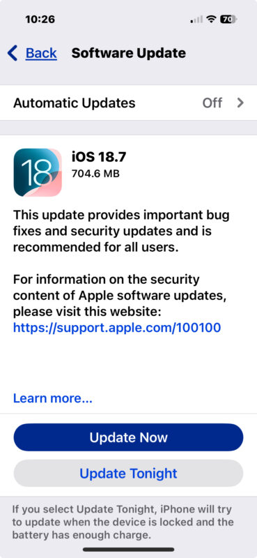 iOS 18.7 update