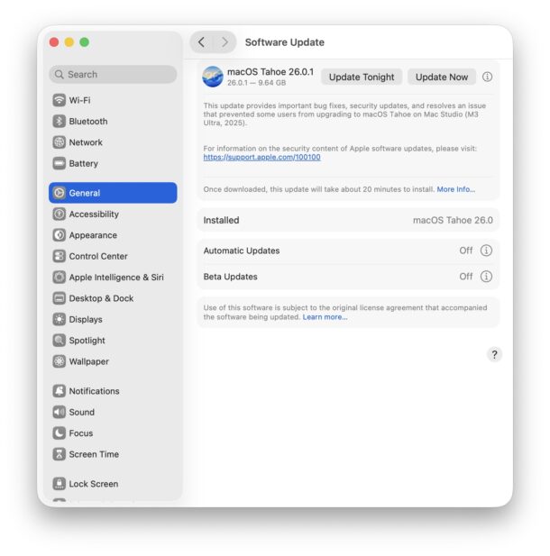 MacOS Tahoe 26.0.1 update available to download