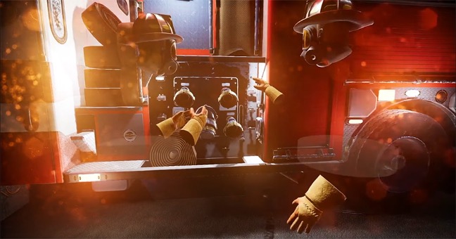 a screenshot of a virtual reality hazmat training session, featuring a fire truck, and two users seen as floating heads and sets of gloves.