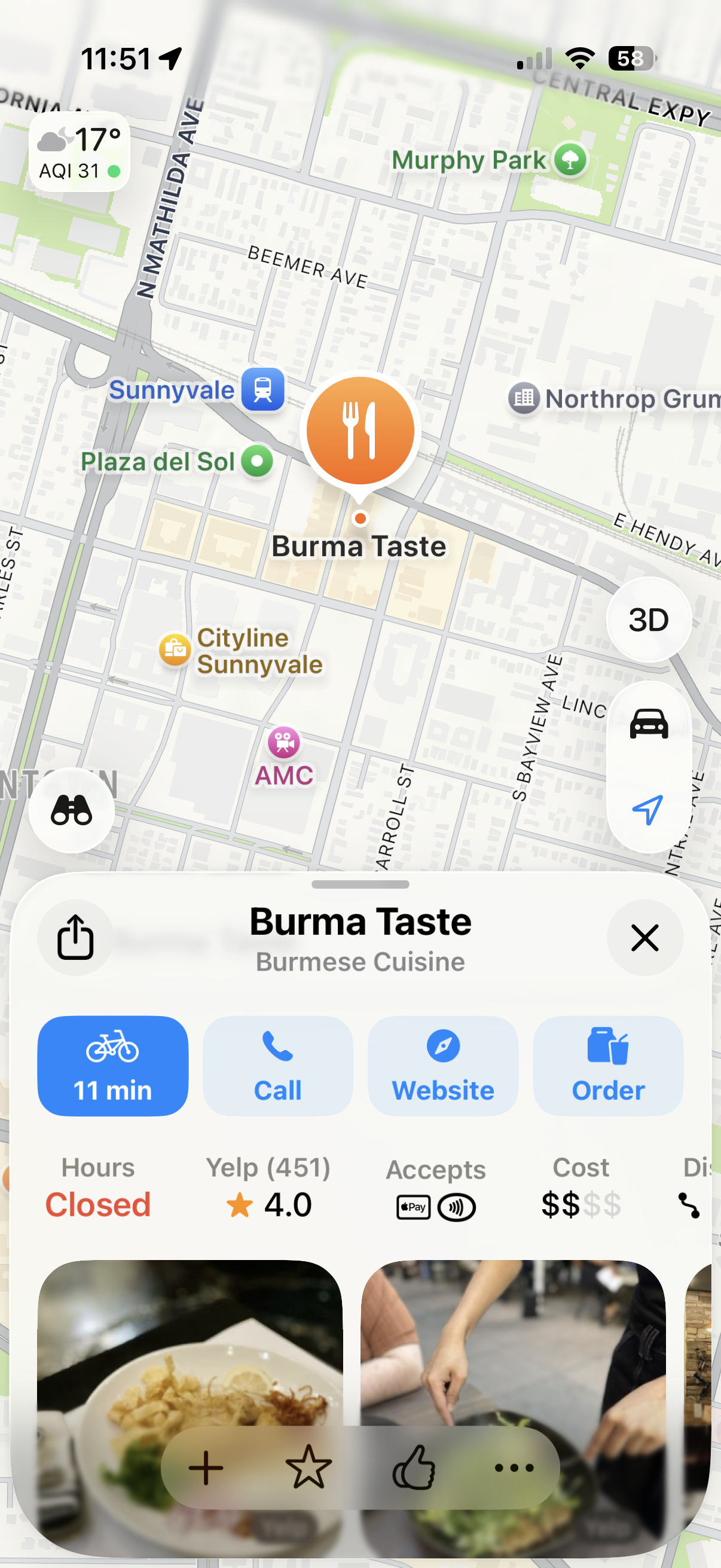Icons at the bottom of a restaurant page on Apple Maps blend into the background images of food. 