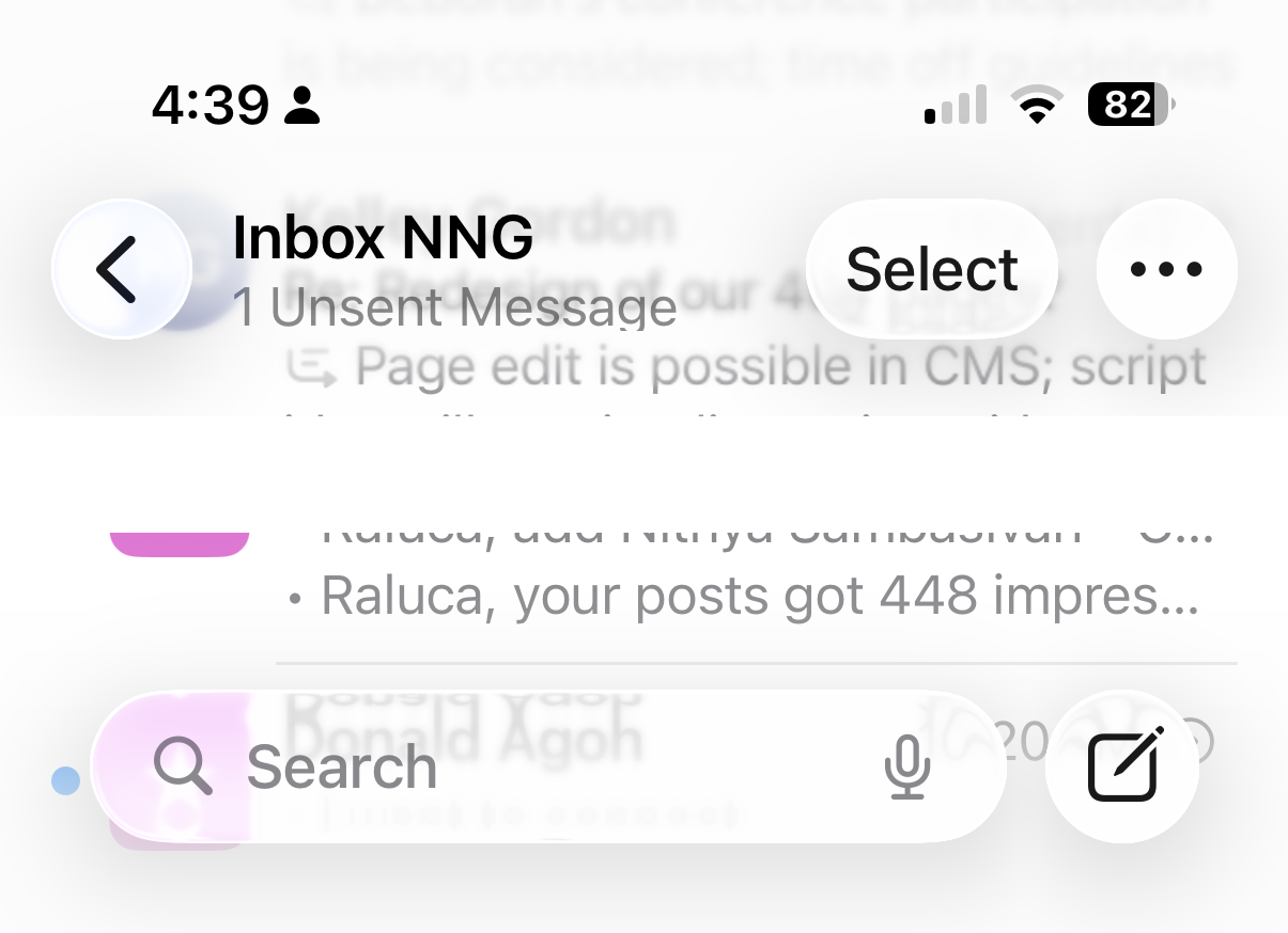 The search bar on the Mail app blends into the previews for other emails. 