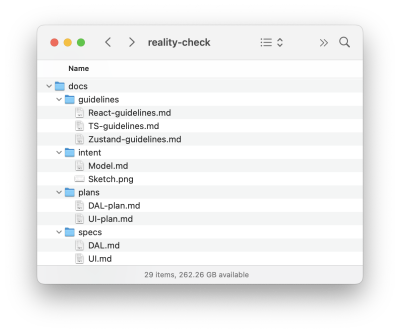 A file directory showing the docs folder containing DAL.md, Model.md, Sketch.png, and UI.md.