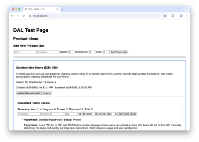 A basic webpage with forms and buttons to test the Data Access Layer’s CRUD functions.