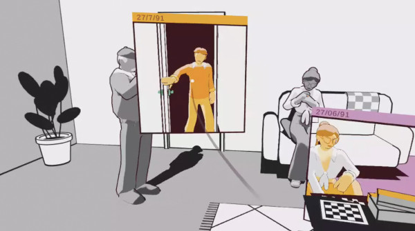 The Impossible Crime - A couple of people standing in a room. Two screens show similar characters carrying out other activities in the area.