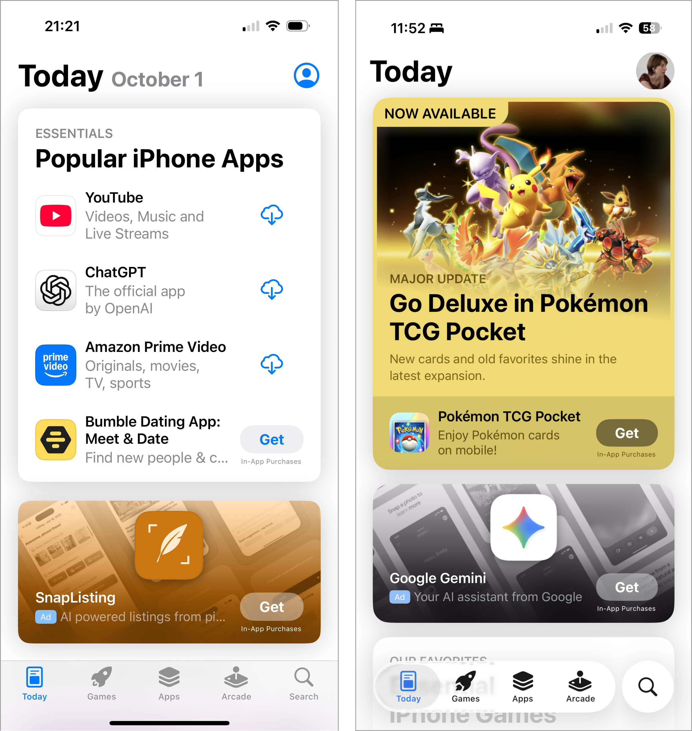 Comparison between the app store in the old and new iOS design. The new iOS visually splits the search into a seperate pill pushing the other icons closer together.