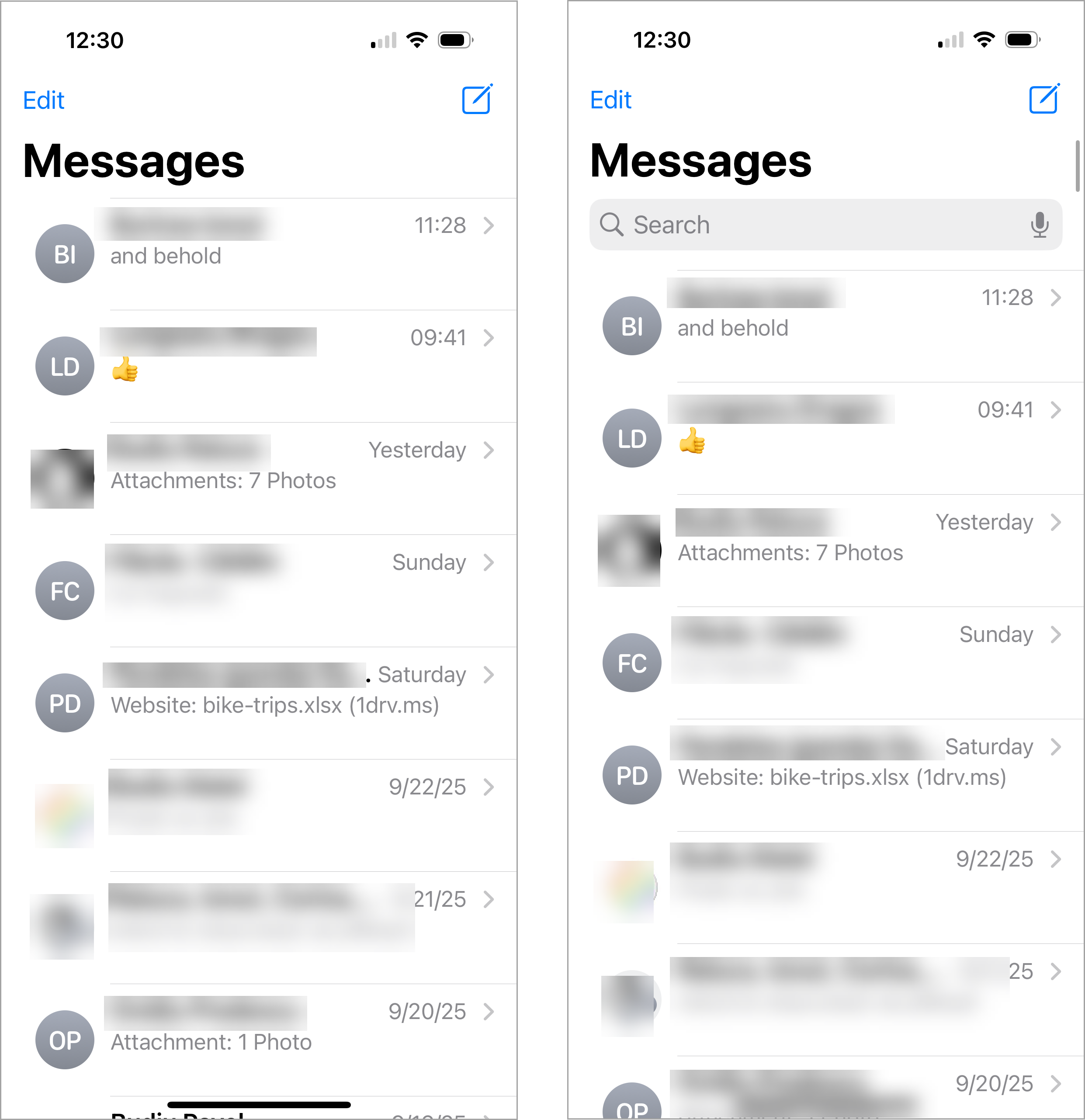 A screenshot showing the old iOS design. It shows that the search bar was hidden by default, but would appear at the top if the user scrolled up.