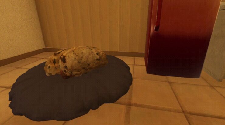 petsitting - a worm -like creature sleeps on a dog bed near a fridge.