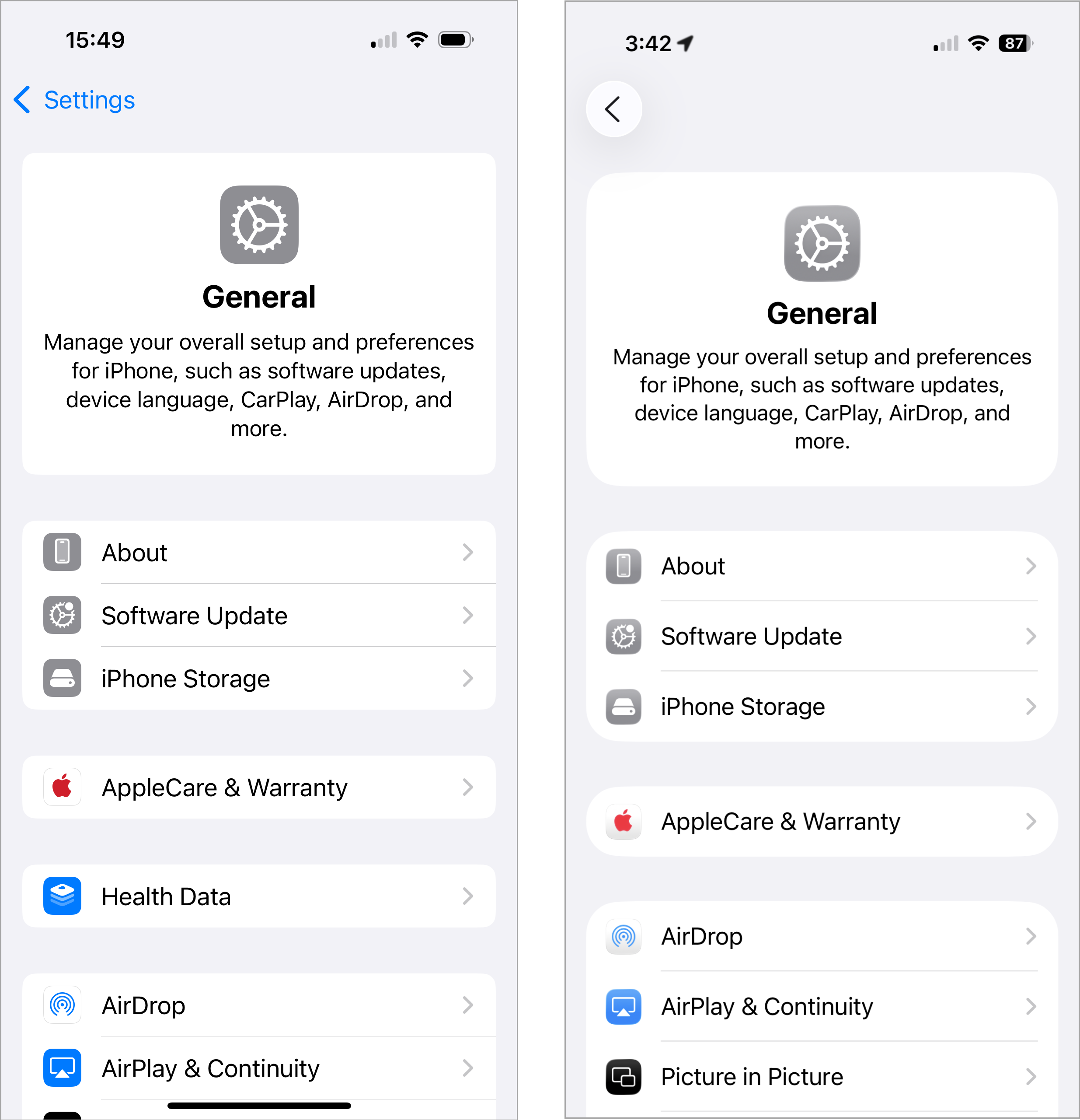 Comparison of the old and new iOS. In the old one, the back button was a blue back arrow with 