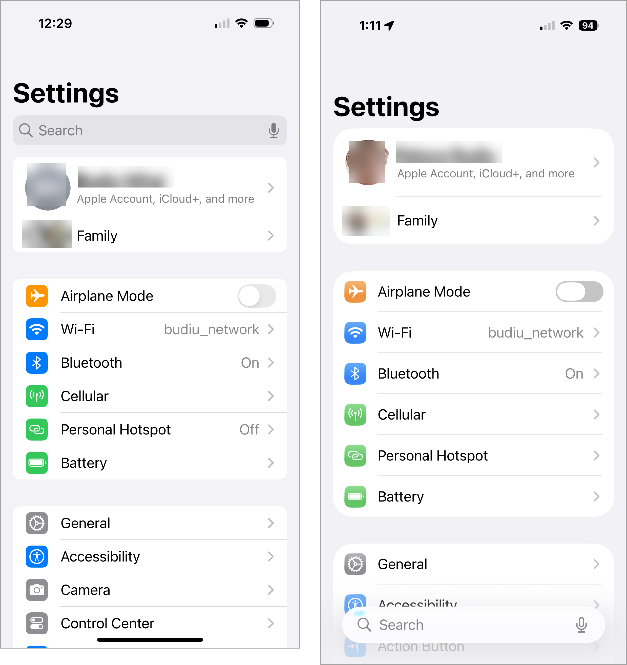 Comparison of the old and new iOS designs. In the old one, the search bar is at the top. The new one has it at the bottom.
