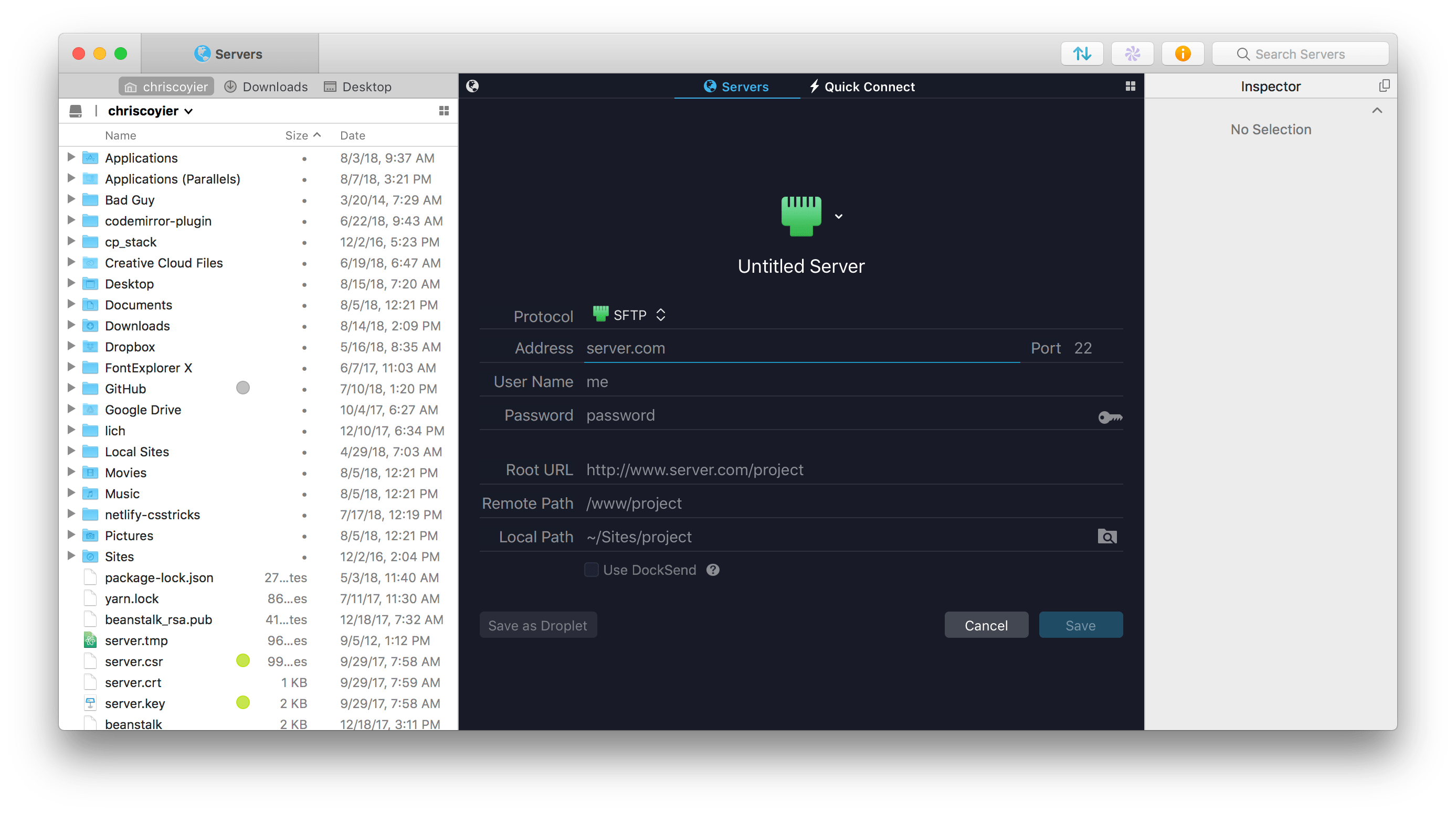 Screenshot of an FTP application with local files on the left and server connection settings on the right.